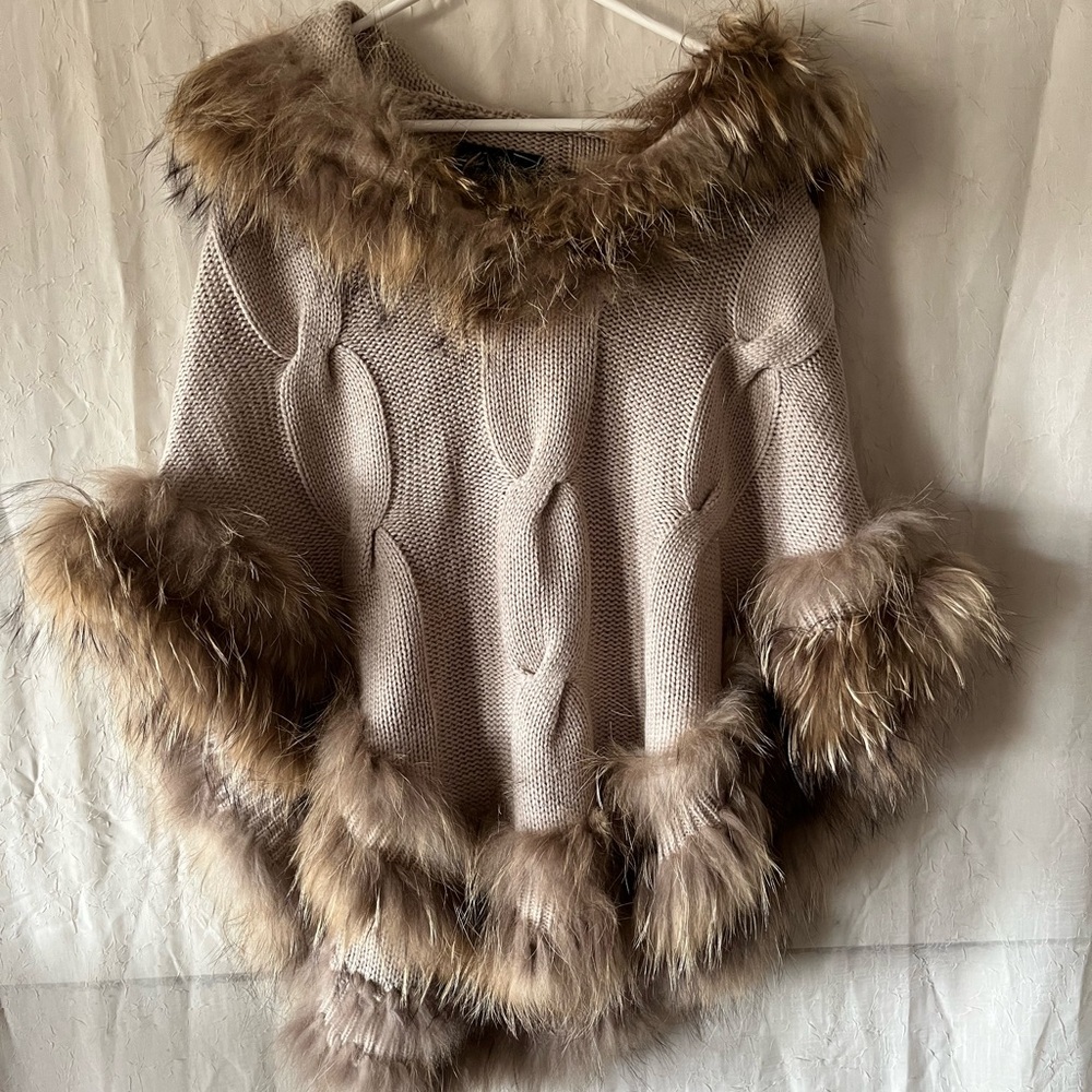 Hooded Knit Poncho Fur Trim